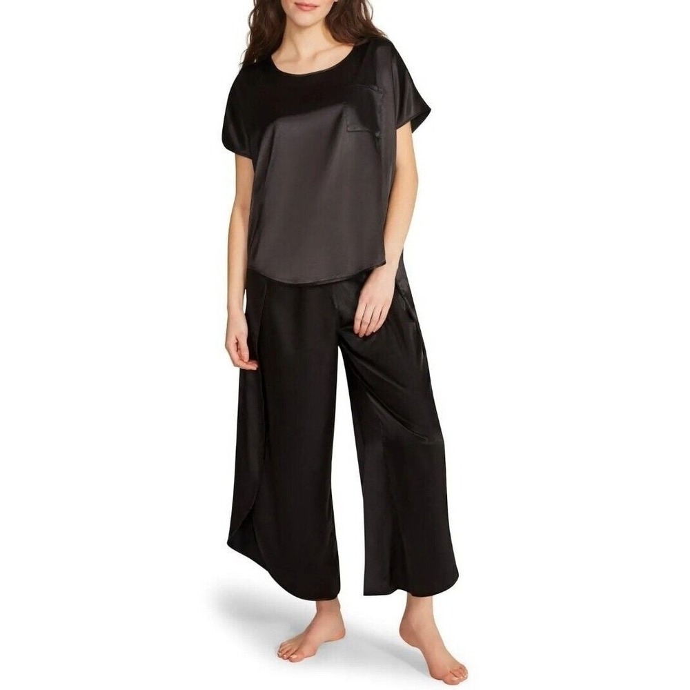 NWT BB Dakota Women's Satin 2-Piece Short Sleeve & Pant Lounge Set Black Medium